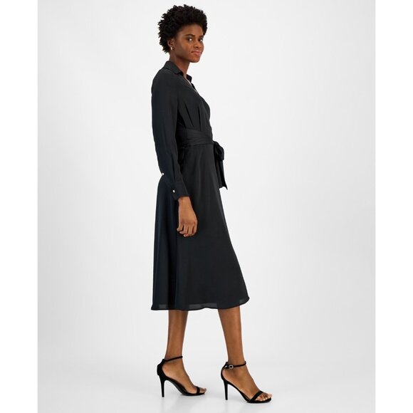 Tahari ASL Women's Collared Waist-Tie Midi Dress Black Size 16 MSRP $149 - Picture 4 of 4